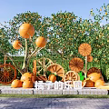 Orchard Themed Scenic Wall With Orange Ornaments Wooden Wheels And Lush Trees
