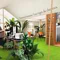 Modern Exhibition Booth Design With Wooden Frame White Canopy Green Plants And Display Area