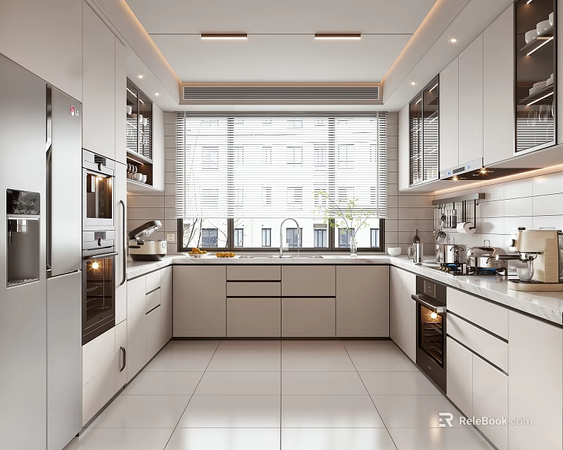Modern Kitchen With White Cabinets Stainless Steel Appliances And Window View Countertops 3d model 