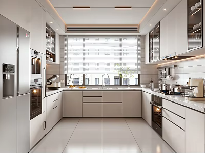 Modern Kitchen With White Cabinets Stainless Steel Appliances And Window View Countertops 3d model