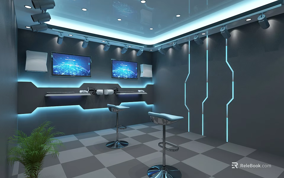 Modern Bar Counter Area With Blue Lighting TV Screens Stools Gray Walls And Checkerboard Floor 3d model 