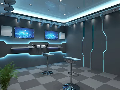 Modern Bar Counter Area With Blue Lighting TV Screens Stools Gray Walls And Checkerboard Floor 3d model