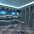 Modern Bar Counter Area With Blue Lighting TV Screens Stools Gray Walls And Checkerboard Floor