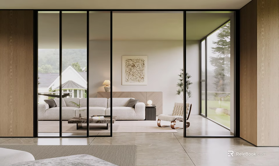 Modern Interior Featuring Glass Sliding Doors Connecting Indoor Outdoor With Sofa Chair And Natural View 3d model 