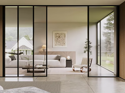 Modern Interior Featuring Glass Sliding Doors Connecting Indoor Outdoor With Sofa Chair And Natural View 3d model