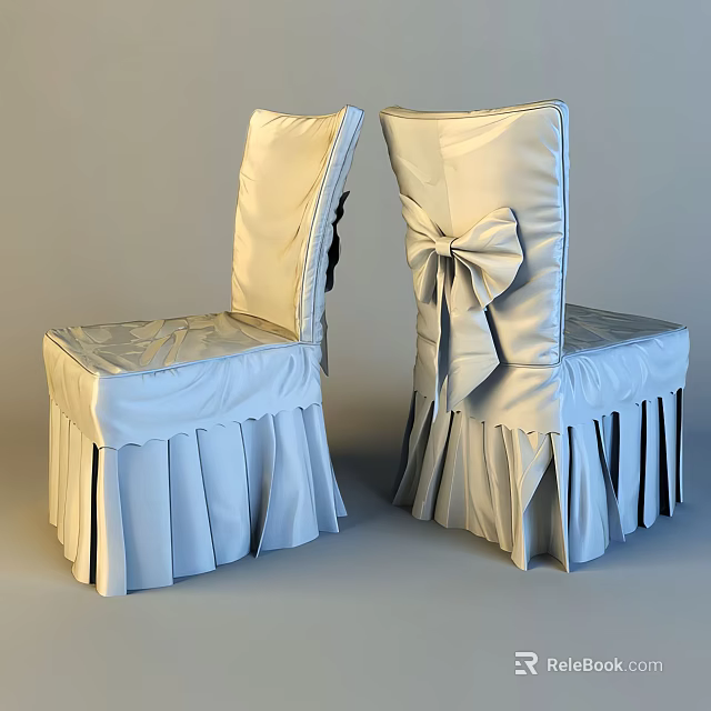 Elegant Satin Upholstered Chairs With Bow Detail And Ruffled Skirt Design 3d model 