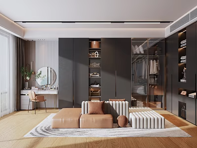 Modern Walk in Closet Interior Design With Storage Cabinets Seating And Mirror 3d model