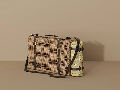 Classic Wicker Picnic Basket With Leather Straps And Rolled Daisy Pattern Blanket 3d model
