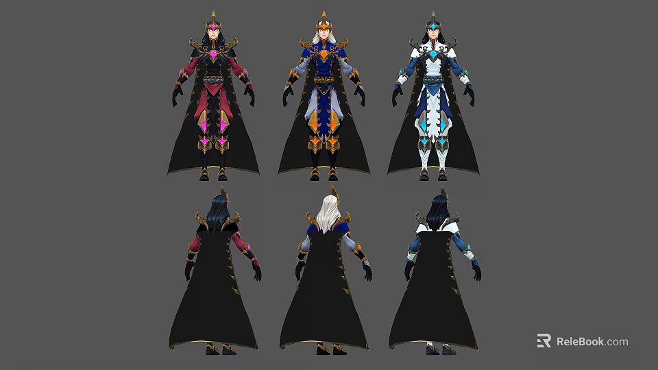 Man Character Design With Multiple Different Colored Robes Capes And Armor Details Front Back Views 3d model