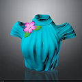 Turquoise Pleated High Neck Cold Shoulder Women's Top With Pink Flower And Green Leaf