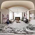 Modern Living Room Interior With Chandelier Blinds Fireplace Sofa Coffee Table And Sculptures