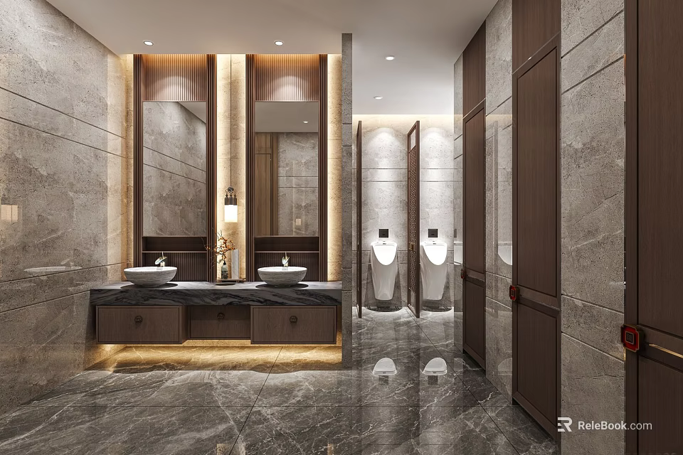 Modern Public Restroom Interior With Double Marble Sinks Mirrors Urinal And Stalls 3d model