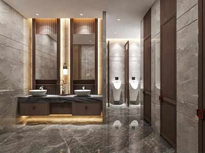 Modern Public Restroom Interior With Double Marble Sinks Mirrors Urinal And Stalls 3d model