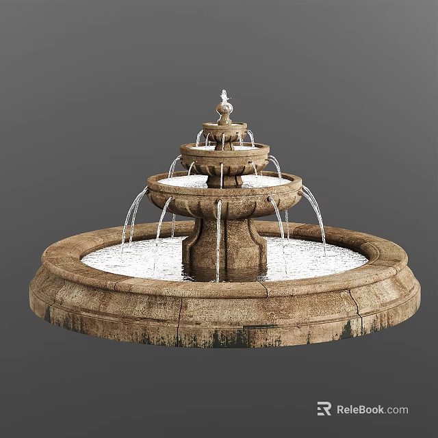 Multi Tiered Stone Fountain With Decorative Sculpture And Flowing Water Streams 3d model 
