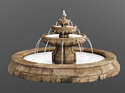 Multi Tiered Stone Fountain With Decorative Sculpture And Flowing Water Streams 3d model