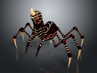 Fantasy Horned Spider Character With Black Brown Striped Body And Spiked Legs 3d model