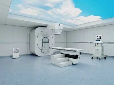 Modern Medical Treatment Room With Advanced Linear Accelerator Examination Bed And Sky Ceiling 3d model