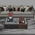 Gray Sofa With Patterned Pillows And Coffee Table Set With Red Flowers Tea Set 3d model