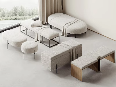 Modern Light Colored Sofa Stools With Fabric Upholstery And Wooden Legs In Minimalist Living Room 3d model