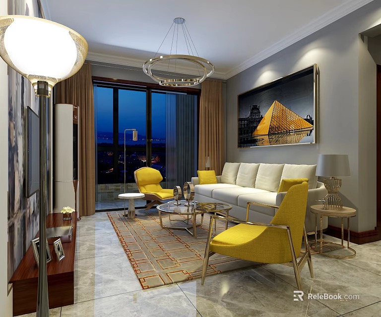 Elegant Modern Living Room With Comfortable White Sofa Bright Yellow Chairs And Glass Coffee Tables 3d model 
