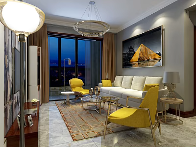 Elegant Modern Living Room With Comfortable White Sofa Bright Yellow Chairs And Glass Coffee Tables 3d model