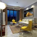 Elegant Modern Living Room With Comfortable White Sofa Bright Yellow Chairs And Glass Coffee Tables