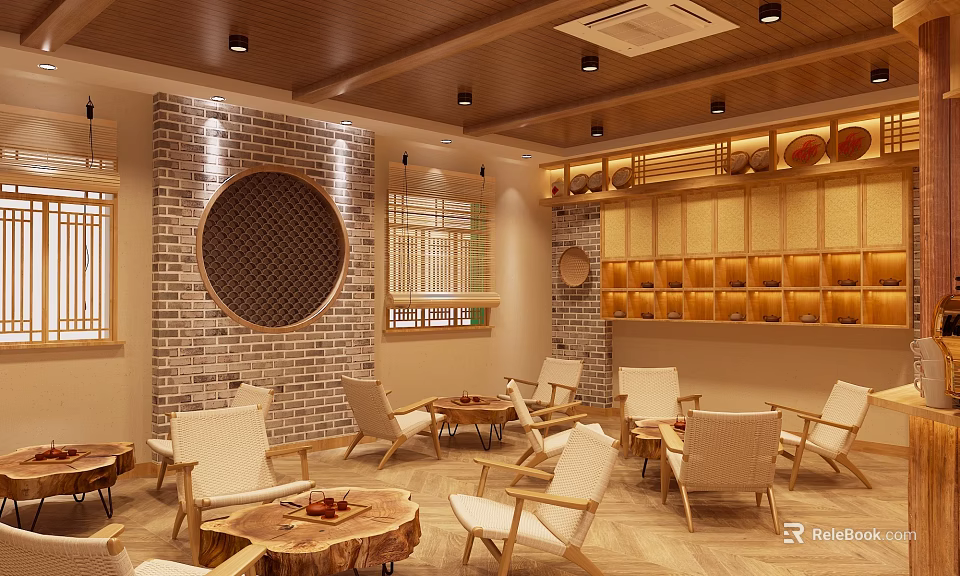 Traditional Teahouse Interior Design With Circular Decorative Wall Bamboo Blinds And Wooden Furniture 3d model 