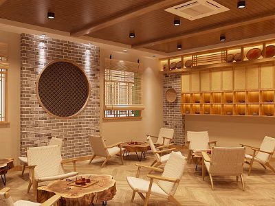 Traditional Teahouse Interior Design With Circular Decorative Wall Bamboo Blinds And Wooden Furniture 3d model