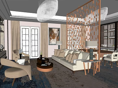 Modern Living and Dining Room Interior Design With Sofa Coffee Table Chandelier And Wooden Partition 3d model