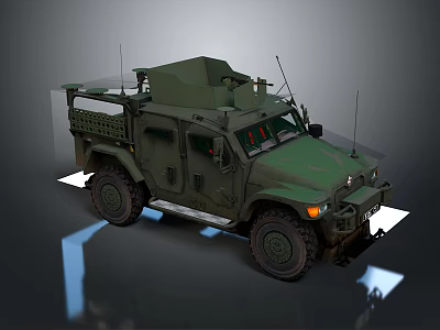 Green Armored Military Vehicle With Roof Mounted Equipment And Protective Grille 3d model