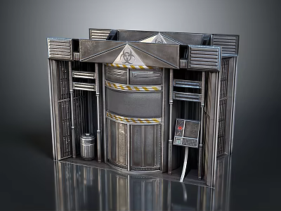 Futuristic Metal Control Station With Yellow Stripes And Control Panel 3d model