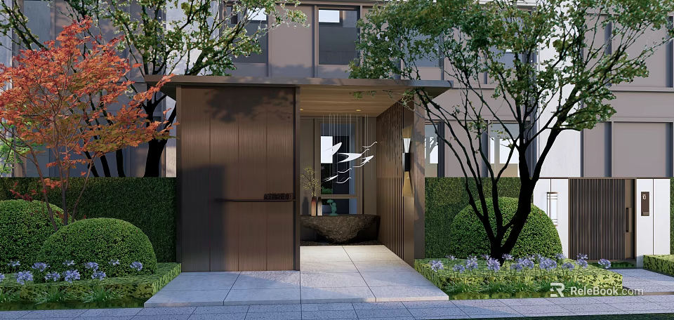 Modern Courtyard Garden Entrance With Lush Green Plants Trimmed Shrubs And Outdoor Lighting 3d model 