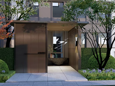 Modern Courtyard Garden Entrance With Lush Green Plants Trimmed Shrubs And Outdoor Lighting 3d model