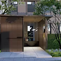 Modern Courtyard Garden Entrance With Lush Green Plants Trimmed Shrubs And Outdoor Lighting