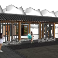 Wooden Roofed Pergola with Green Trees and People Walking in Outdoor Leisure Area