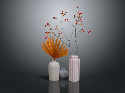 Decorative Plant Branches With Red Berries And Orange Leaves In Colorful Vases For Indoor Decor 3d model