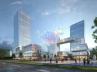 Modern Glass Facade Office Tower Complex With Sky Bridge Pedestrians And Greenery 3d model