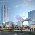 Modern Glass Facade Office Tower Complex With Sky Bridge Pedestrians And Greenery