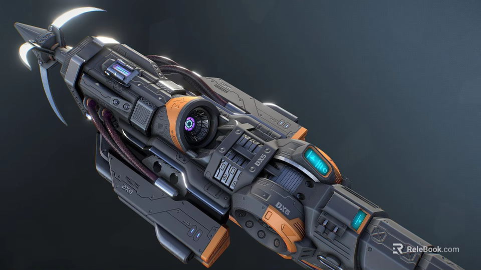 Futuristic Sci-Fi Weapon With Mechanical Structure Orange Black Color And Glowing Tech Components 3d model