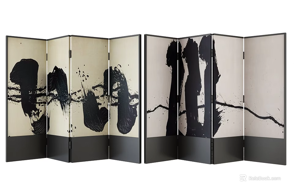 Artistic Folding Room Divider Screen With Black Abstract Ink Patterns On Light Background 3d model