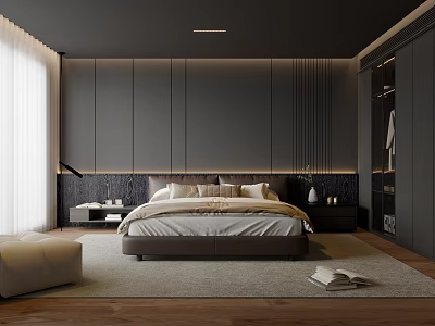 Modern Bedroom Interior Design With Dark Wall Bedhead Ottoman And Built in Wardrobe 3d model
