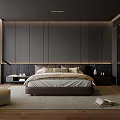Modern Bedroom Interior Design With Dark Wall Bedhead Ottoman And Built in Wardrobe
