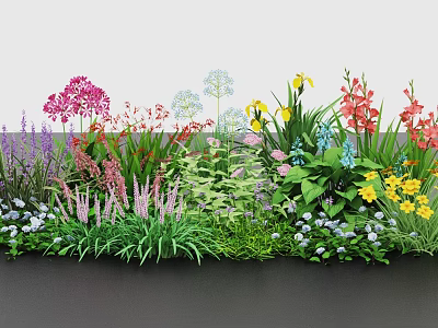 Colorful Garden Flowers And Various Plants With Vibrant Blooms And Green Foliage 3d model
