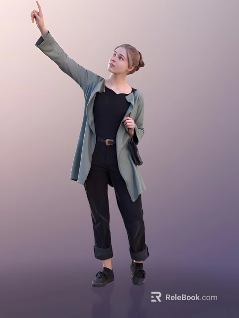 Woman Posing in Light Green Cardigan Black Top Black Pants with Belt and Handbag 3d model 