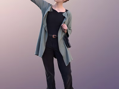 Woman Posing in Light Green Cardigan Black Top Black Pants with Belt and Handbag 3d model