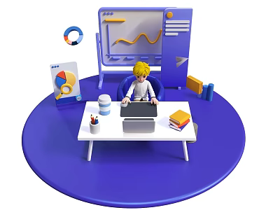 Cartoon Office Scene Featuring Character Working At Desk With Laptop Charts And Whiteboard 3d model
