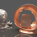 Art Installation With Sitting Astronaut In Moon Shaped Copper And Silver Sculptures