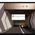 Modern Parking Garage Entrance Featuring Yellow Sports Car Wooden Ceiling Geometric Walls and Welcome Sign