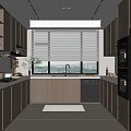 Modern Kitchen Interior With Wooden Cabinets Stainless Steel Appliances White Countertops And Window Blinds