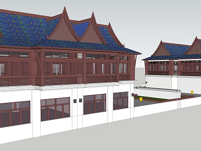 Semi Detached Villa Exterior With Blue Roof Tiles Brown Wooden Structure White Walls And Balconies 3d model